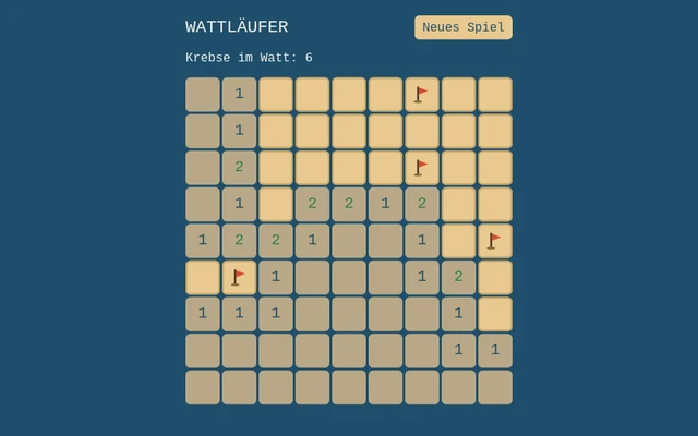 Screenshot des Spiels Wattläufer: ein Raster aus Sandfeldern mit Zahlen und Fähnchen