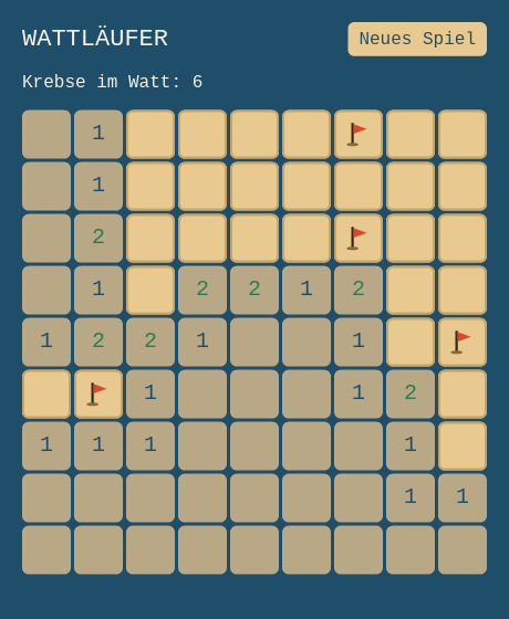 Der fertige Wattläufer: Überschrift mit Knopf Neues Spiel, Statuszeile und ein Spielfeld mit Zahlen und Fähnchen